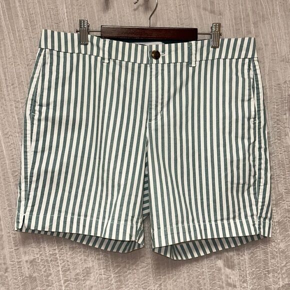 ON 12 Teal White Vertical Stripes 6.5” Mid Rise Everyday Cotton Shorts - Picture 1 of 12